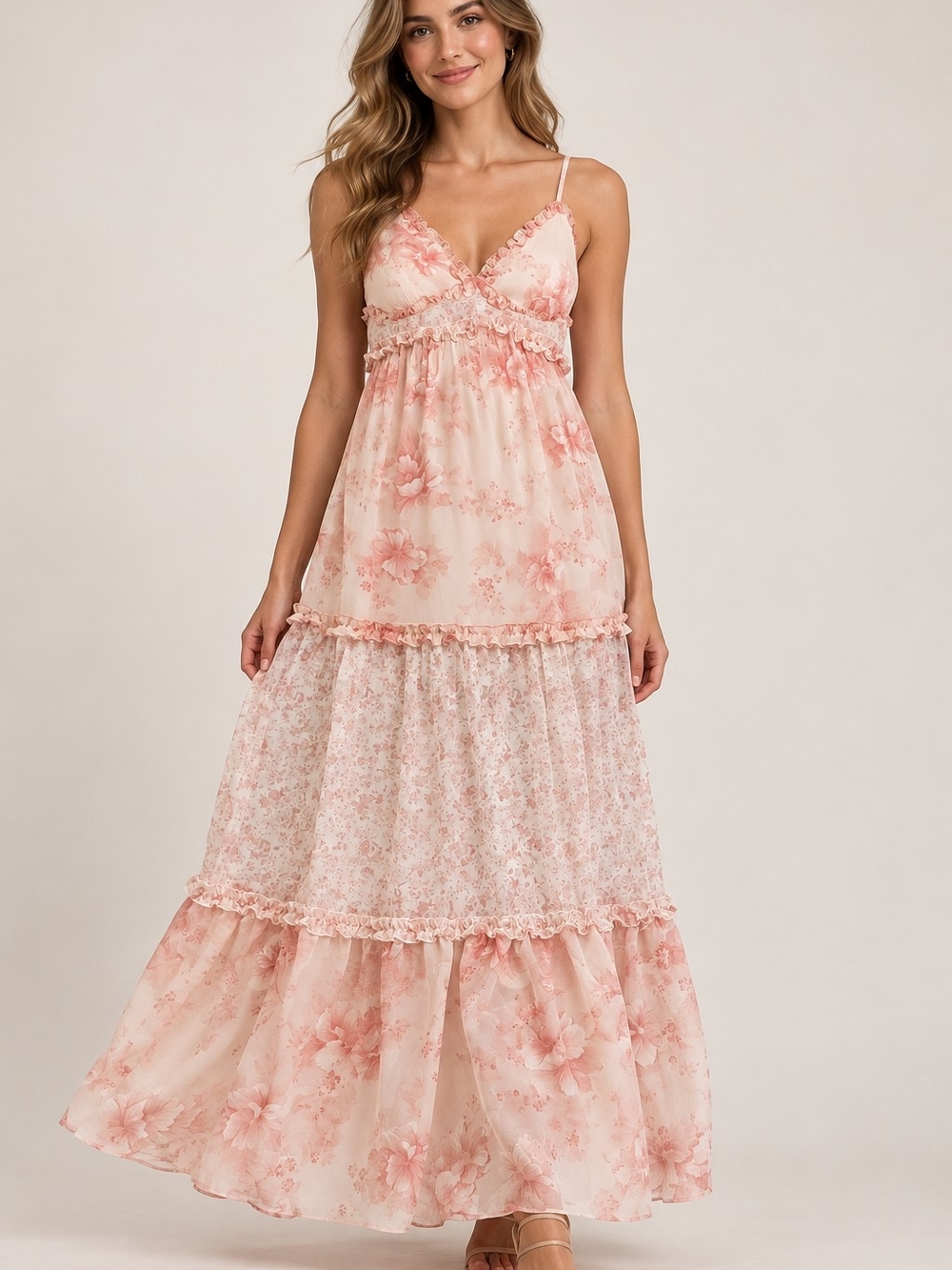 Altar'd State Blush Pink Floral Tiered Maxi Dress Size Medium